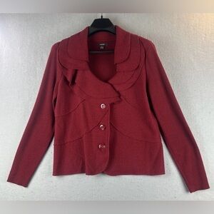 Alafani Women's Cardigan Sweater Size Large Feminine Ruffle Deep Red 100% Merino